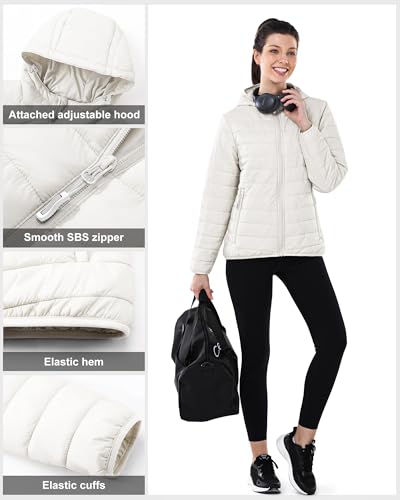 Outdoor Ventures Women's Winter Lightweight Puffer Jacket with Hood, Warm, Short, Packable, Quilted, Transitional, Padded Jacket for Ladies, Lined for Hiking, Travel Cream 3XL - Image 4