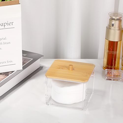 OGANAZI Wattestäbchen Box Acryl Wattepads Behälter Transparent Aufbewahrungsbox mit Bambusdeckel Klein Schminktisch Organizer für Tupfer, Tampon, Beauty-Ei, Schmuck, Kosmetik, Haarbänder (Quadrat)