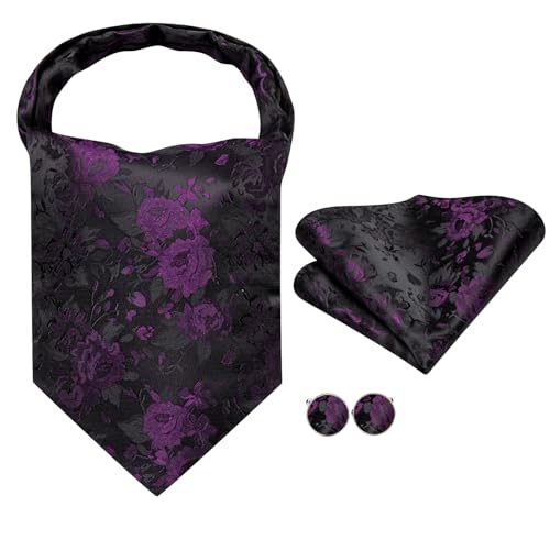Image of Hi-Tie Silk Ascot for Men Self Tie Men's Cravat and Flower Lapel Pin Handkerchief Cufflinks Set for Wedding Party