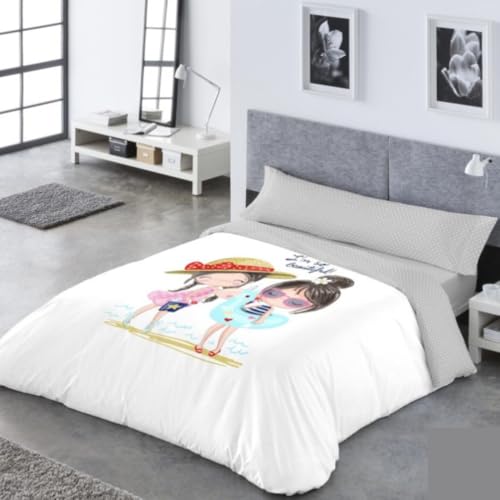 Funda Nórdica Infantil Reversible Catotex Surfers, Yogui y Kayana | Cama 90 y 105 cm | Juego 3 Piezas con Rayas + Diseño Infantil | 50% Algodón – 50% Poliéster (Kayana Gris, Cama 90cm (150x220cm))