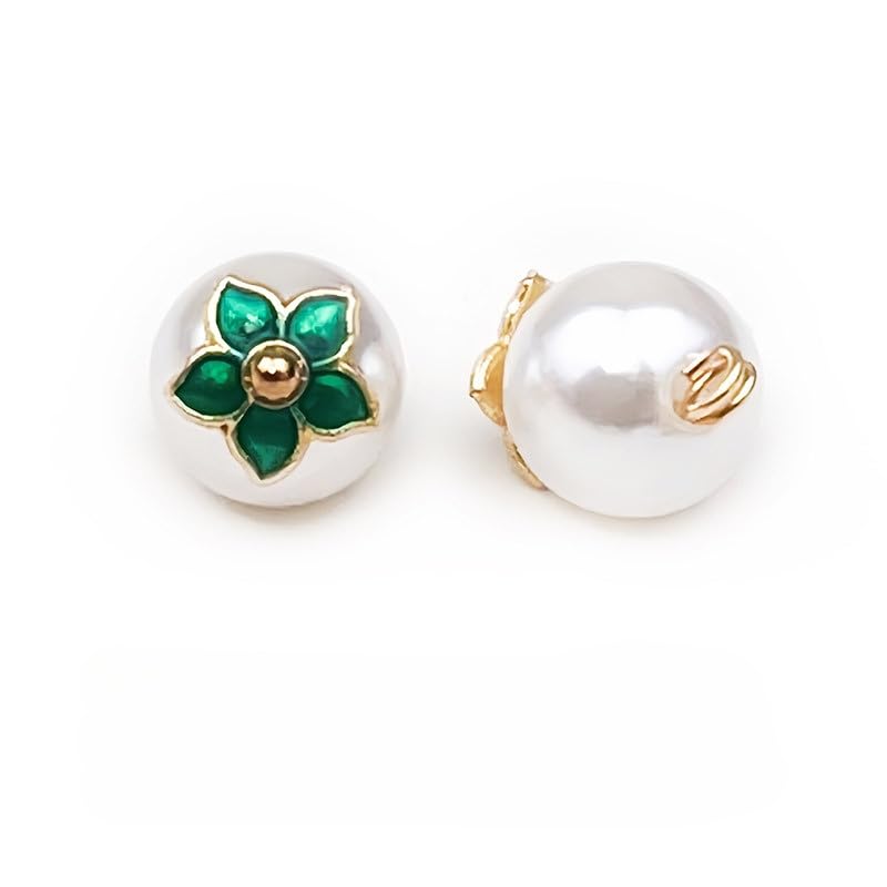 Bottoni di perle, 50 szt. 10 mm zielony kwiatek biała perła mała okrągła kula perłowe guziki okrągła gruszka do rękodzieła tkanin(Green Flower)