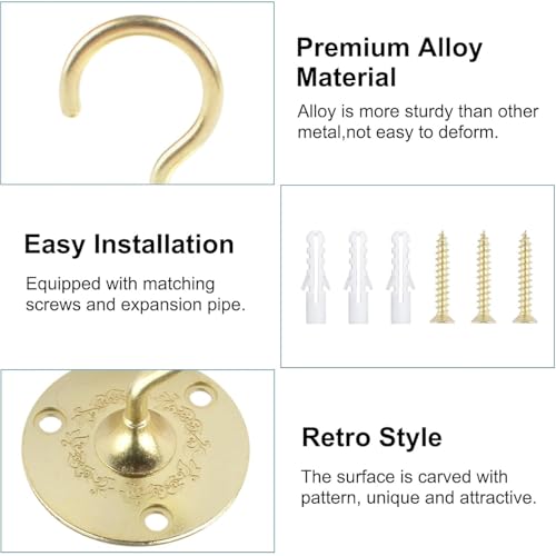 INCREWAY 4PCS Vintage Gold Ceiling Hooks with Screws for Chandeliers, Hanging Plants, Lamps & Bird Feeders Antique Style Ceiling Mount Hooks