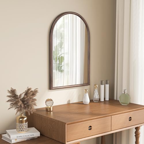 Image of 20 inchx30 inch Arch Wall Mirror for Wall, Wall Mounted Vanity Mirror for Bedroom, Wood Grain Finish Frame Mirror with Tempered Glass, Vintage Decorative for Bathroom, Entryway, Living Room, Walnut