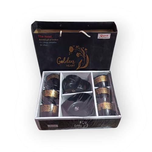 Image of BROP Golden Heart Stylish Ceramic 8pcs Set | 6pcs Coffee Mug | 2pcs Designer Bowl | Handmade Crafted Finish Glossy Inside Dishwasher Safe for Gifting Purpos-Brown