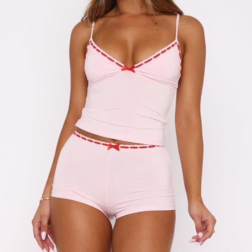 Image of Yuemengxuan Women Two Piece Outfits Y2k Boy Shorts Set Sleeveless Crop Top Button Down Shorts Set Loungewear Pajamas Set