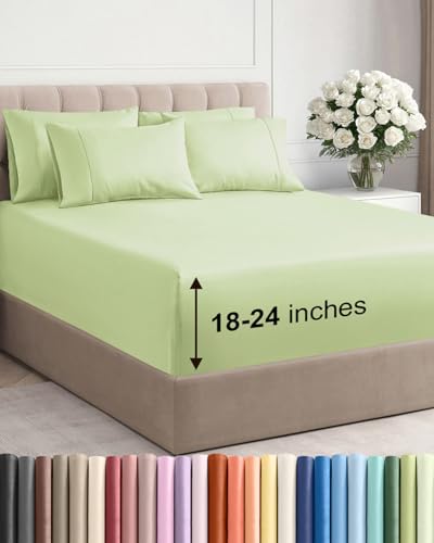 Extra Deep Queen Sheet Set - 6 Piece Breathable & Cooling Sheets - Hotel Luxury Bed Sheets Set - Easy & Secure Fit - Soft, Wrinkle Free & Comfy Sheets Set - Light Sage Sheet Set w/Extra Deep Pockets