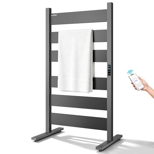 Aquatrend Towel Warmers for Bathroom WiFi Freestanding & Wall Mounted Electric Heated Towel Rack 6 Flat Bars Aluminum Timer & Temperature Control Large Heating Surface Black