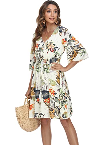 Image of VintageClothing Women's Floral Sundresses Flowy Boho Summer Beach Dress | Lightweight Breathable material,Elegant V Neck and Button Front Design,Flared Bell Sleeve Cut,Mini Casual dress