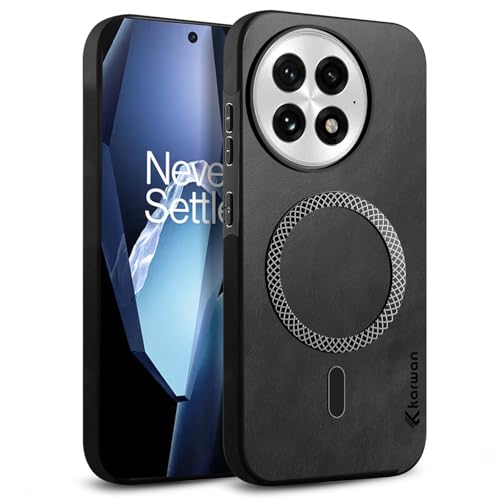 Image of KARWAN Shockproof Hybrid Leather Finish Back Case Cover Compatible with Oneplus 13 with Wireless MagEaze Charging Cover, Anti-Scratch Shield Case with Strong Minimalist Design (Black)