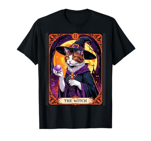 The Witch Kitten Vintage Tarot Card Cat Halloween Aesthetic T-Shirt