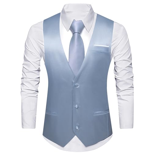 Image of Barry.Wang Vest for Men Business /Leisure Dress Suit Vests V-neck 2 Pockets Wedding Party Tuxedo Satin Waistcoat