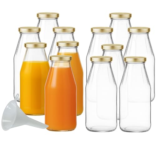 Produktfoto von mikken 12 x Glasflasche 500 ml, Flasche mit Schraubverschluss gold inkl. Trichter