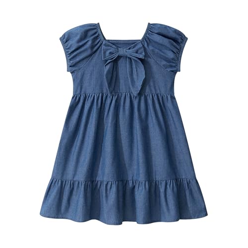 Little Bitty Girls Denim Princess Dress Navy Blue Puff Sleeves Cotton Blend Bow Ruffle Hem Cute Party Dress 2-6 Years Old2