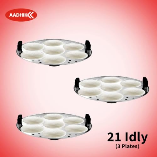 Image of AADHIK Stainless Steel Idli Maker 5 Plate Steamer | 21 Regular Idli & 18 Mini Idli Capacity | Multipurpose Idli Cooker, Idli Steamer, Dhokla Maker & Mini Idli Plate | Gas & Induction Compatible Kitchen Accessories
