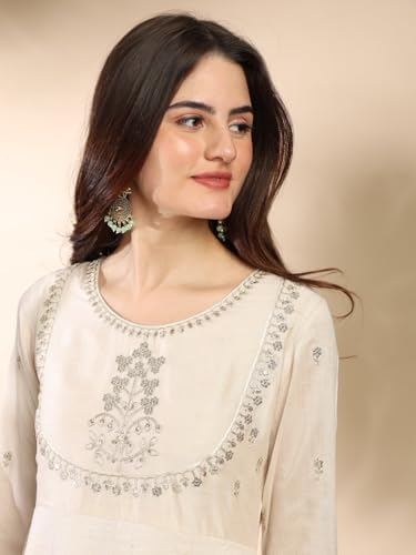 Image of MOKOSH Women's Silk Embroidery Anakrali Kurta Pant with Dupatta | Anarkali Kurta Set | Round Neck Full Sleeve Ethnic Suit | Floral Kurta 7 Colour Option Available | 3 Piece Outfit