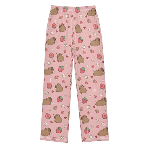 ZOEO Cute Strawberry Capybara Pajama Pants Cute Lounge Sleep Pants Pajama Bottoms Elastic Waist with Pockets 6-14Y