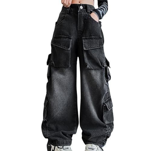 Kids Girls Baggy Jeans Casual Wide Leg High Waist Denim Pants Clothes Loose Trousers Vintage with Pockets (Black, 11-12 Years)2