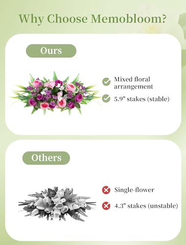 Artificial Cemetery Flowers with Stake: 1Pc Purple Roses Pink Peonies Realistic Memorial Day Grave Flowers for Cemetery - Outdoor Grave Decorations Funeral Arrangements image 8