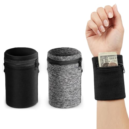 VEOIRXU 2 Paires Portefeuilles de Poignet avec Fermeture Éclair Sac à Main pour Homme et Femme Pochette de Sport Bracelets de Sueur Portefeuille de Poche pour Course Basket-Ball Fitness (Noir+Gris)