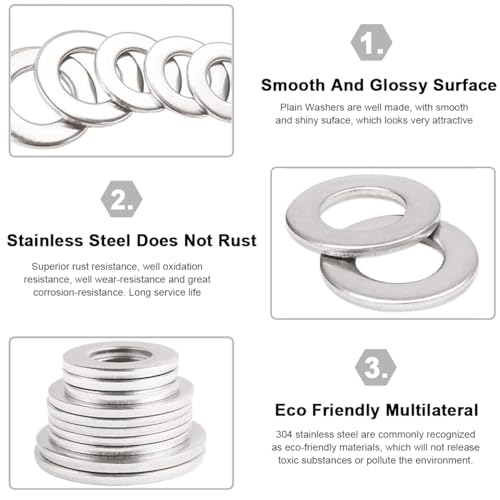 Image of Serplex 360Pcs 304 Stainless Steel Flat Washers for Screws Bolts, Fender Washers Assortment Set, Assorted Hardware Lock Metal Washers Kit 9 Sizes-M2 M2.5 M3 M4 M5 M6 M8 M10 for Home, Factories Repair