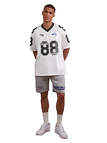Image of Jump Cuts Mens Printed 3 /4th Sleeve V Neck White, Black Cottonblend Oversized T-Shirt