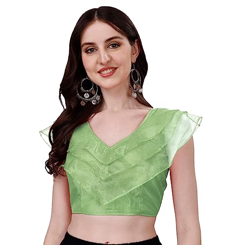 Image of Pujia Mills Women's V Neck Orgenza Three Layer Ruffle Sleeve Frill Readymade Saree Blouse