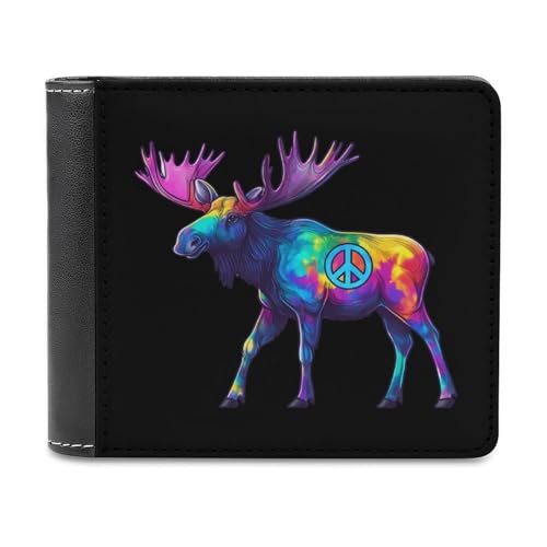 Peace Sign Tie Dye Moose Bifold Wallet PU Leather Slim Purse Pocket Wallet with Card Holder for Women Men
