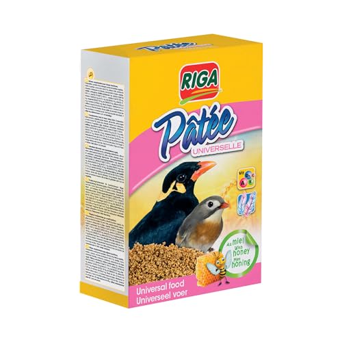 Riga – Paté Universal para pájaros – Alimento complementario para pájaros insectívoros – con Miel y Frutas – Rico en vitaminas y proteínas, favorece Canto, Plumaje Brillante y Colorido – 600 G