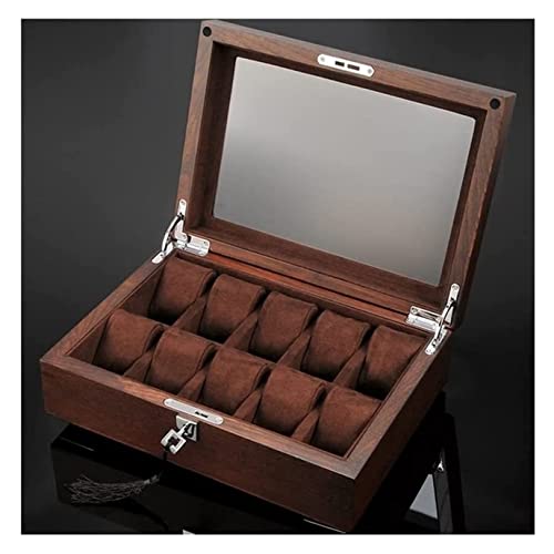 Caja de Reloj Rollo de Reloj Caja de Reloj de Madera Maciza Caja de joyería de Madera con 10 Ranuras con Llave y Tapa de Vidrio Organizador de Almacenamiento de Joyas Caja de exhibición Caja de Reloj
