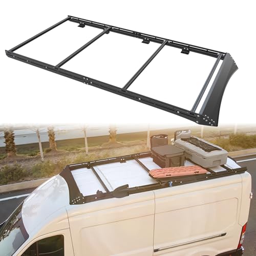 MELIPRON Camper Van Roof Rack Fit for Ford Transit 148"WB Low/Mid/High Roof, Low Profile Aluminum Rack with Wind Fairing, T-Slot Crossbars for Solar Panels, Awnings, Ladder, 300lb Dynamic/500lb Static