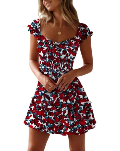 Image of Womens Summer Sundress Ruffle Sleeve Sweetheart Neck Print Mini Dress | Sundresses, Smocked Waist, Boho Floral, Flowy Ruffle Hem, Beach, Country Concert, Date Night