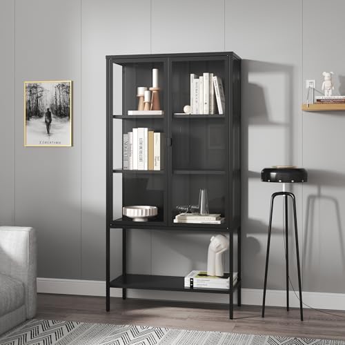 [en.casa] Vitrina Borshavisa Aparador Alto 1 con Estante Inferior 2 Puertas de Cristal Transparente 3 Compartimentos Cerrados Mueble Auxiliar para Cocina Comedor Oficina Acero 160 x 80 x 35 cm - Negro