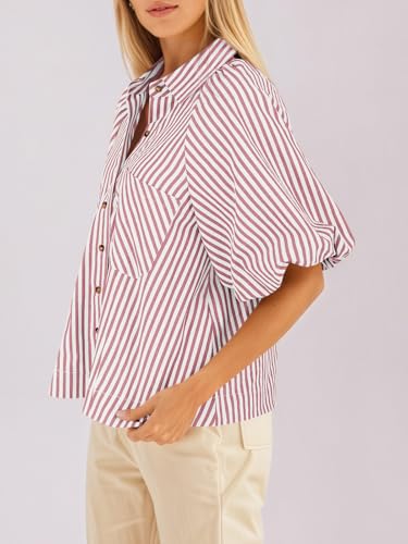 Image of Tankaneo Womens Short Puff Sleeve Button Down Shirts Striped Trendy Casual Loose Fit Blouse V Neck Collared Tops