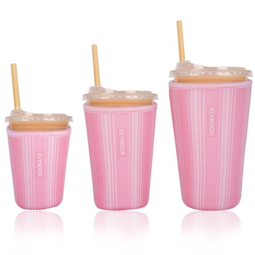 Image of Reusable Insulated Sleeve for Iced Coffee Cup, 3-Pack Coffee Neoprene Drink Sleeve for Cold & Hot Drinks, Beverage Holder for Iced Coffee (Blush Lines)