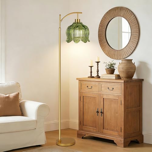 Image of QIYIZM Glass Floor Lamp for Living Room,Bedroom,Gold Dimmable Standing Lamp with Remote,Mid Century Modern Brass Tall Lamp Boho Vintage Floor Lamps Arc Green Tulip Flower Floor Light Lamp Bohemian