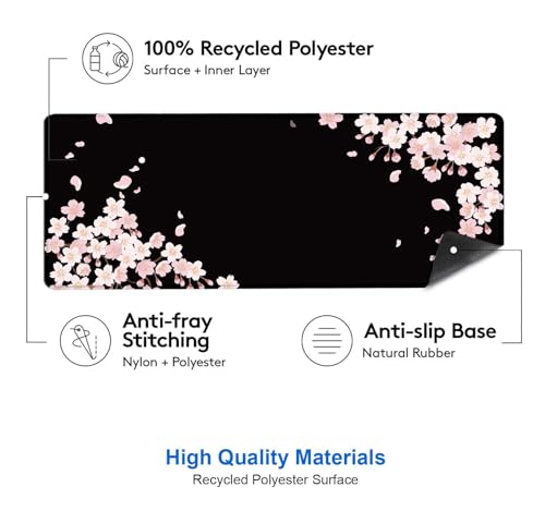 Image of IMAYONDIA Sakura Japanese Desk Mat, Cherry Blossom Large Gaming Mouse Pad, Black Elegant Floral Mousepad for Women, Minimalistic Flower Aesthetic Desk Pad for Work, Game, Office, 31.5x11.8