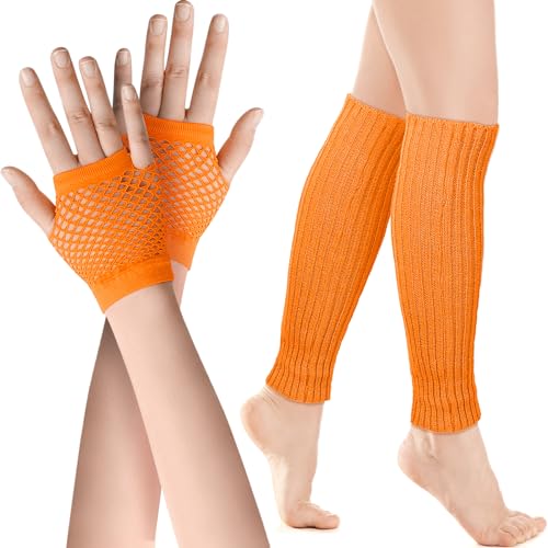 SATINIOR Elastische Neon Beinstulpen und Netzhandschuhe Set Kostüm 80er Jahre Zubehör für Karneval (Orange)