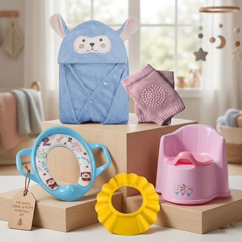 Image of Safe-O-Kid Potty Training Combo | 1 Cushioned Potty Seat, 1 Potty Training Seat, 1 Pair Anti-Slip Knee Pads, 1 Baby Bath Towel & 1 Bath Shampoo Hat | Baby Toilet Training for Toddlers - Assorted