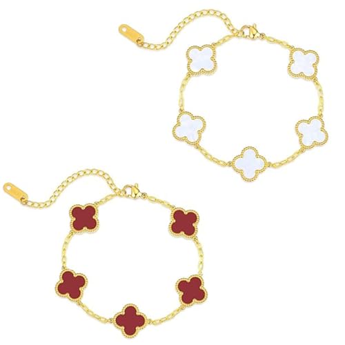 Yuwnd 2 Stück Kleeblatt Armband, Einfache Design Stil Lucky Kleeblatt Schmuck, Modische Exquisite Freundschaft Armband Glücksschmuck für Damen und Mädchen (Weiß + Rot)