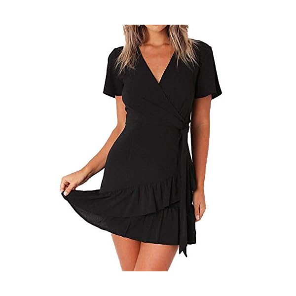 Naggoo-Womens-Summer-Wrap-V-Neck-Polka-Dot-Print-Ruffle-Short-Sleeve-Mini-Floral-Dress-with-Belt Naggoo Women's Summer Wrap V Neck Polka Dot Print Ruffle Short Sleeve Mini Floral Dress with Belt (Medium, Solid Black)