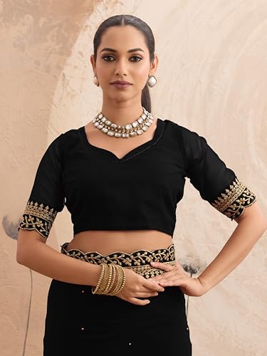 Image of Women's Georgette Embroidery Border Beads work Saree with Blouse Piece