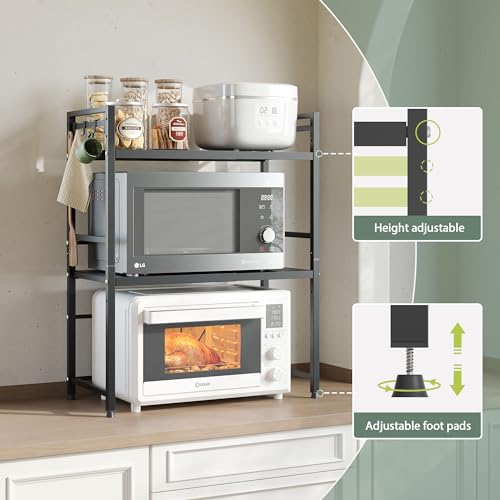 NETEL Soporte para microondas encimera Cocina Organizador hornos estanterías Almacenamiento Extensible microondas Soporte de 40 a 60 cm，con 8 Ganchos, Negro 3 Niveles - imagen 5