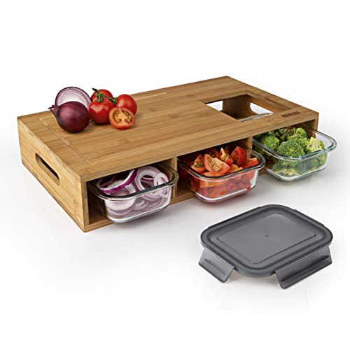 N8WERK Schneidebrett aus Bambus mit Auffangöffnung | 3 Frischhaltedosen aus Glas mit Klickverschluss | tropfsicher | für Mikrowelle Cover