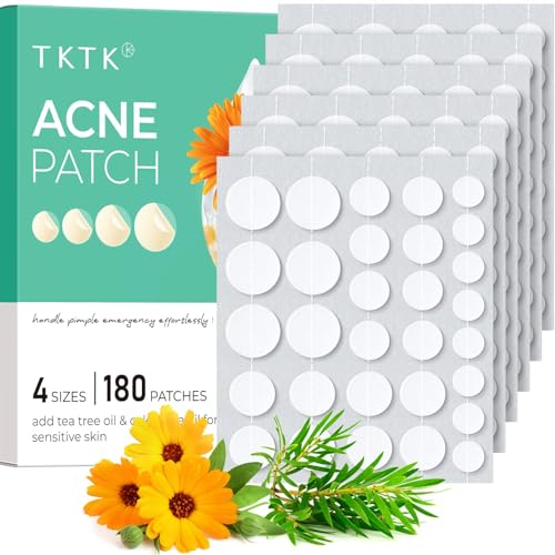 TKTK Hydrocolloid Acne Patches, Pimple Patches for Face with Tea Tree & Calendula Oil - 4 Sizes Clear Cover Stickers, Invisible for Day & Night Use (180 Count)