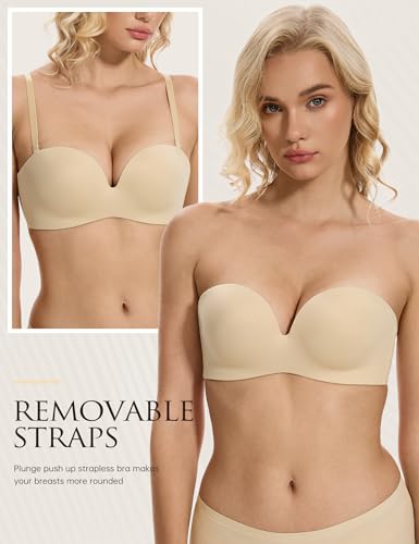 Image of Wingslove Strapless Bra Push Up for Women Underwire Half Backless Bra with Removable Straps Seamless Padded Support