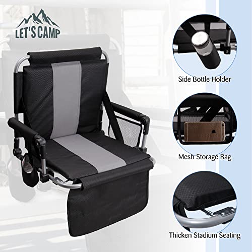 Let's Camp Folding Stadium Seat Bleacher Chair With Cup Holder, Mesh Bag And Hide Hooks, Portable Stadium Chair With Back And Cushion, Black Grey #TOP1
