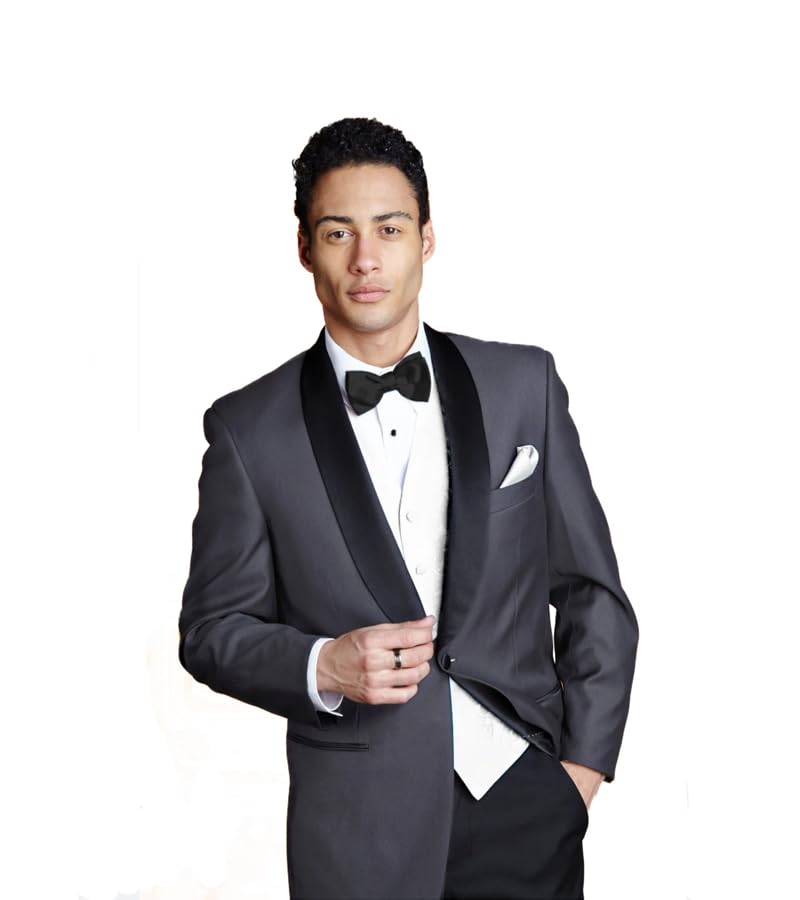 Slim Fit Steel Grey Tuxedo with Black Shawl Lapel with Matching Grey Pants