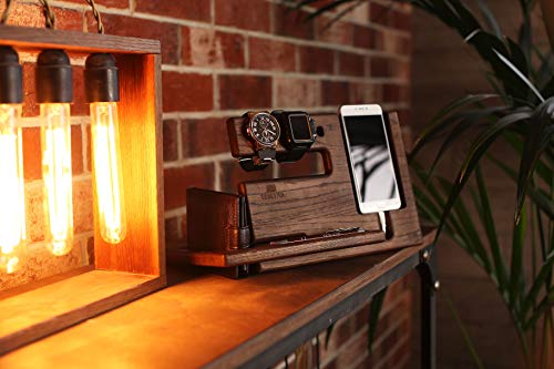Teslyar Natural Oak Wood Phone Docking Station Recess Key Holder Wallet Stand Magnetic Watch Charger Slot Organizer Men Gift Husband Wife Anniversary Dad Birthday Nightstand Tablet Father Graduation