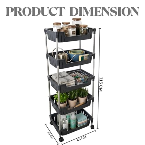 Image of JD FRESH 5-Tier Multi Storage Rack for Home & Kitchen /360-Degree Rotating Wheels with Breathable Kitchen Shelf Storage Rack /Plastic Rolling Cart for Kitchen, Bathroom, Office & Living Room (Black)