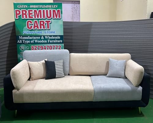 Image of Velvet Contemperory Sofa with Cushion Chaise Lounge Sectional Sofa Perfect for Living Room & Bedroom Guests Home & Office (Bucle Grey & Beige, Three Seater)